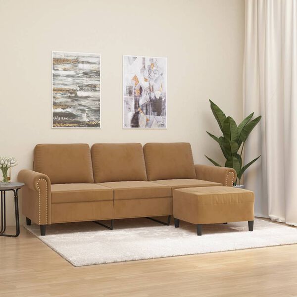 vidaXL Trivietė sofa su pakoja, rudos spalvos, 180cm, aksomas