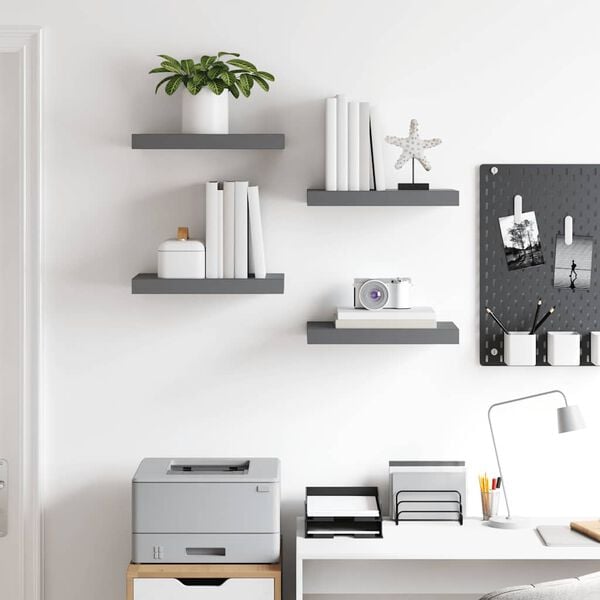 vidaXL Pakabinamos sieninės lentynos, 4vnt., pilkos, 40x23x3,8cm, MDF