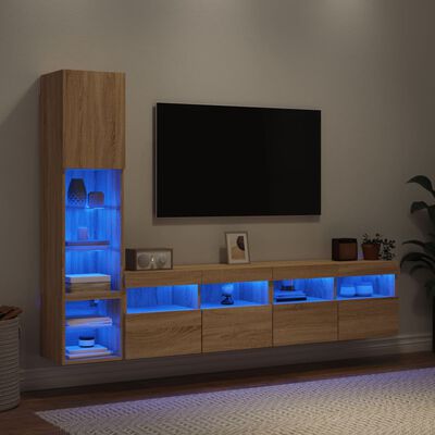 vidaXL Sieninė TV sekcija su LED, 4 dalių, ąžuolo, apdirbta mediena