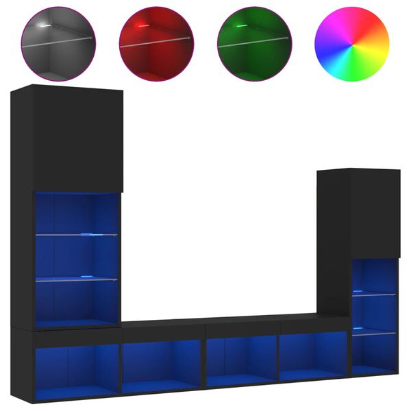 vidaXL Sieninė TV sekcija su LED, 4 dalių, juoda, apdirbta mediena