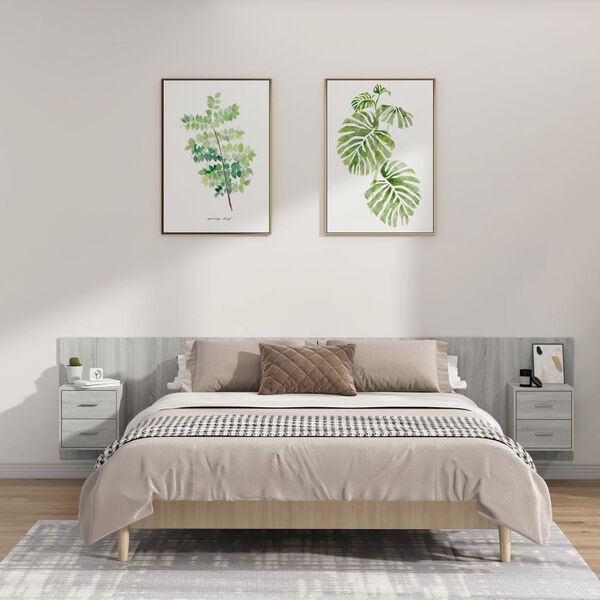 vidaXL Lovos galvūgalis su spintelėmis, pilkas ąžuolo, mediena