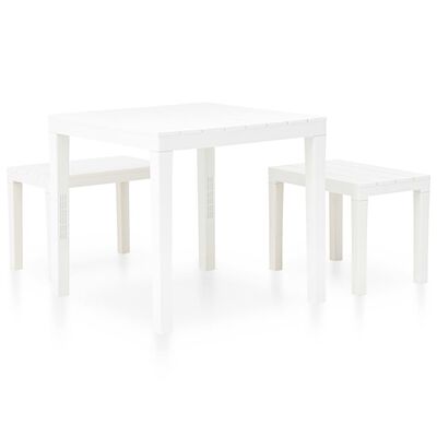 vidaXL Sodo stalas su 2 suoliukais, baltos spalvos, plastikas