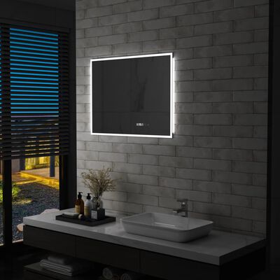 vidaXL Vonios kambario LED veidrodis su jutikliu/laikrodžiu, 80x60cm