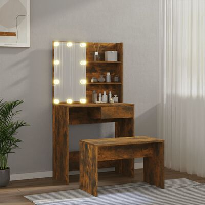 vidaXL Kosmetinio staliuko komplektas su LED, dūminio ąžuolo, mediena