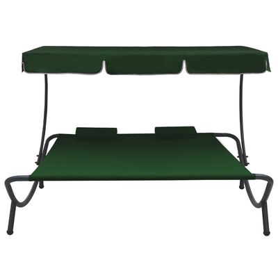 vidaXL Lauko poilsio gultas su stogeliu ir pagalvėmis, žalios spalvos