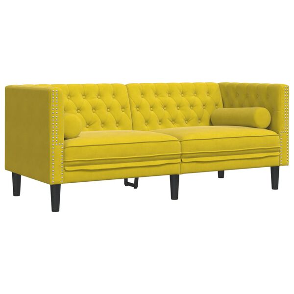 vidaXL Dvivietė chesterfield sofa su pagalvėlėmis, geltona, aksomas