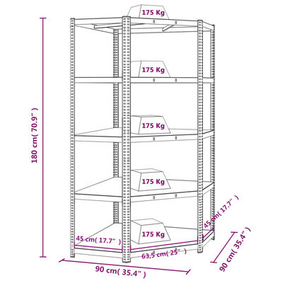 vidaXL Tvirta kampinė lentyna, 5 aukštų, pilka, plienas ir mediena