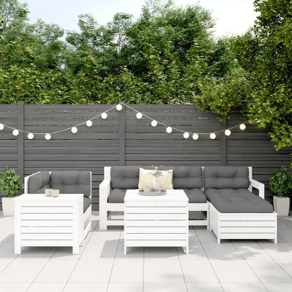 vidaXL Sodo sofos komplektas, baltas, 7 dalių, pu&scaron;ies medienos masyvas