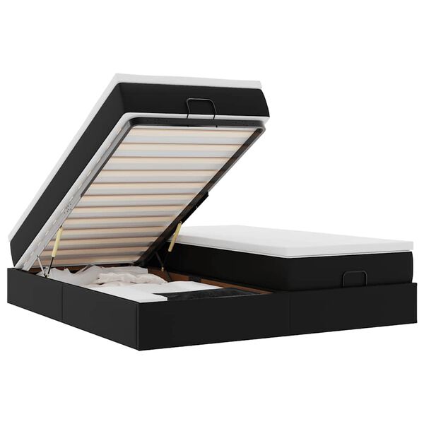 vidaXL Osmanų lovos rėmas su čiužiniais, juoda, 200x200cm, dirbt. oda