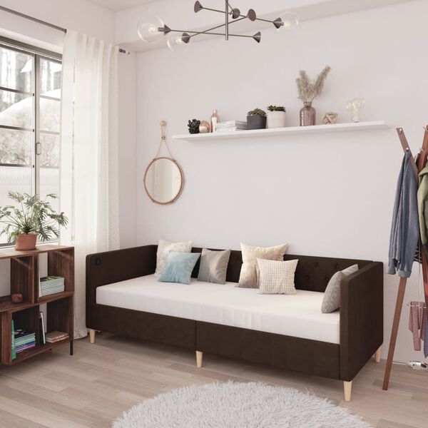 vidaXL Lova su USB i&scaron;vestimi, tamsiai rudos spalvos, 90x200cm, audinys