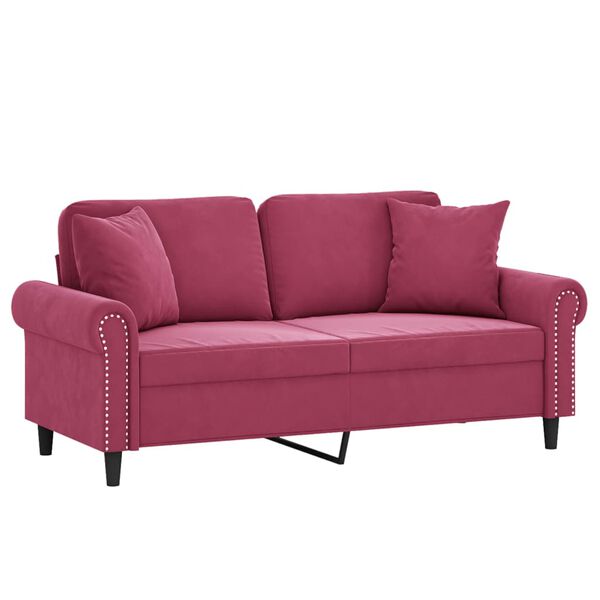 vidaXL Dvivietė sofa su pagalvėlėmis, raudonojo vyno, 140cm, aksomas
