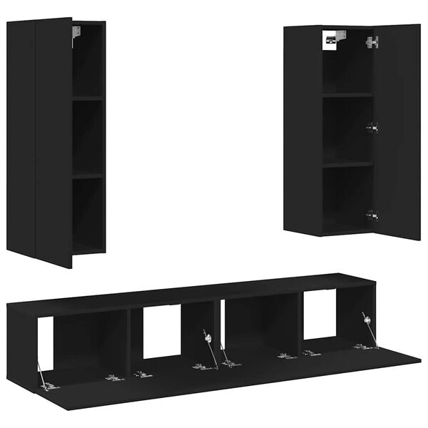 vidaXL Televizoriaus spintelių komplektas, 4 dalių, juodas, mediena