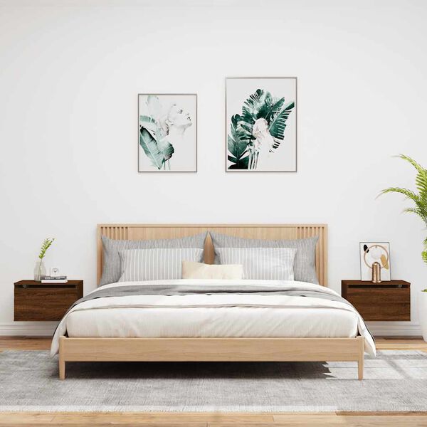 vidaXL Sieninės naktinės spintelės su LED, 2vnt., rudos ąžuolo