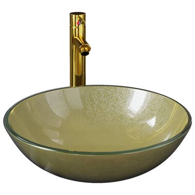 vidaXL Vonios praustuvas su maišytuvu ir vožtuvu, auksinis, stiklas