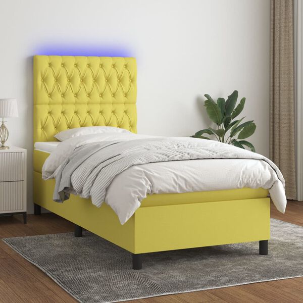 vidaXL Lova su spyruoklėmis/čiužiniu/LED, žalia, 90x190 cm, audinys