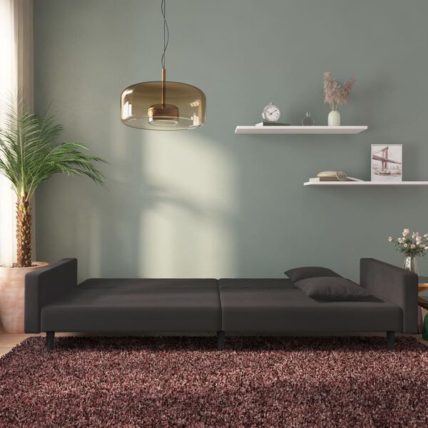 vidaXL Dvivietė sofa-lova su dvejomis pagalvėmis, juoda, aksomas
