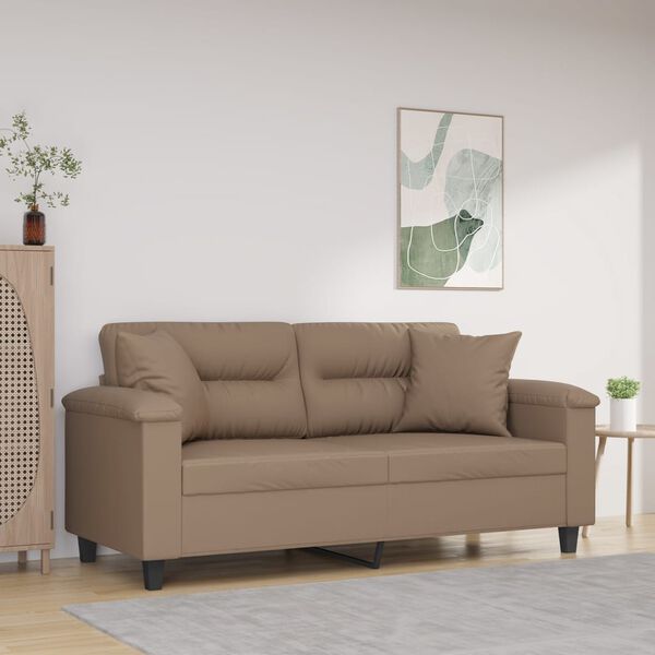vidaXL Dvivietė sofa su pagalvėmis, kapučino, 140cm, dirbtinė oda