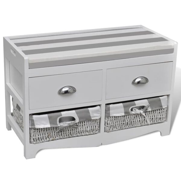 Balta Daiktadėžė Suoliukas su Pagalvėle, 2 Stalčiais ir 2 Krep&scaron;iais