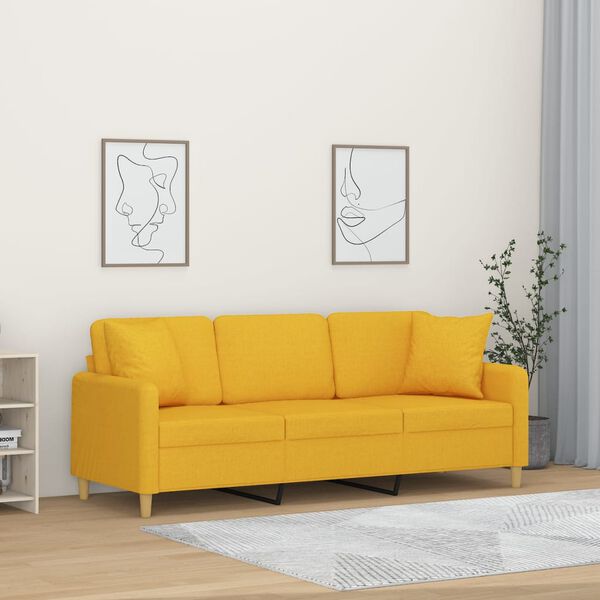 vidaXL Trivietė sofa su pagalvėmis, &scaron;viesiai geltona, 180cm, audinys