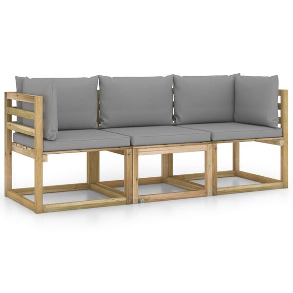 vidaXL Trivietė sodo sofa su pilkomis pagalvėlėmis