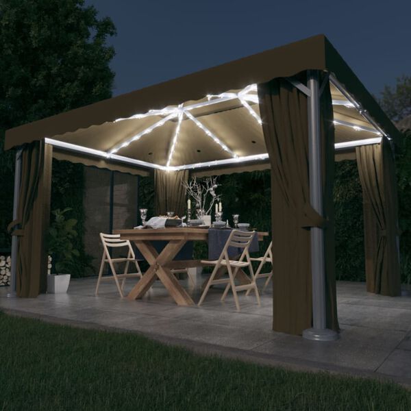 vidaXL Pavėsinė su lemputėmis ir užuolaidomis LED, taupe, 4x3m