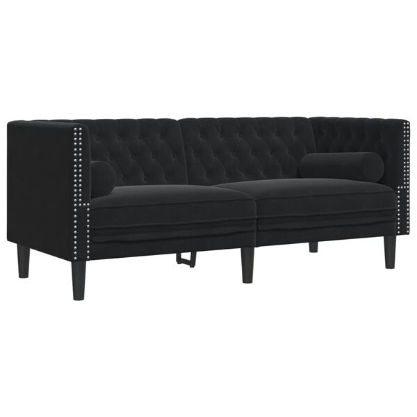vidaXL Dvivietė chesterfield sofa su pagalvėlėmis, juoda, aksomas