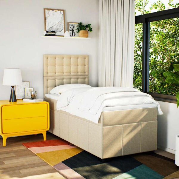 vidaXL Lova su spyruoklėmis ir čiužiniu, kreminė, 90x200 cm, audinys