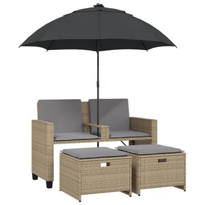 vidaXL Dvivietė sodo sofa su skėčiu/taburetėmis, smėlio, poliratanas