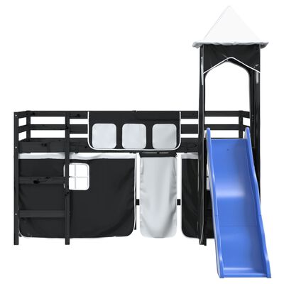 vidaXL Aukšta vaikiška lova su bokštu, balta/juoda, 80x200cm, pušis