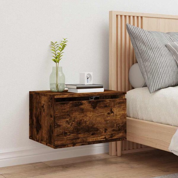 vidaXL Prie sienos montuojama naktinė spintelė su LED, dūminio ąžuolo