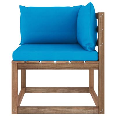 vidaXL Kampinė sodo sofa iš palečių su šviesiai mėlynomis pagalvėlėmis