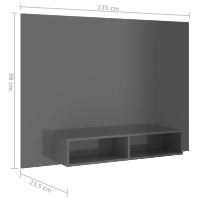 vidaXL Sieninė TV spintelė, pilka, 135x23,5x90cm, MDP, blizgi