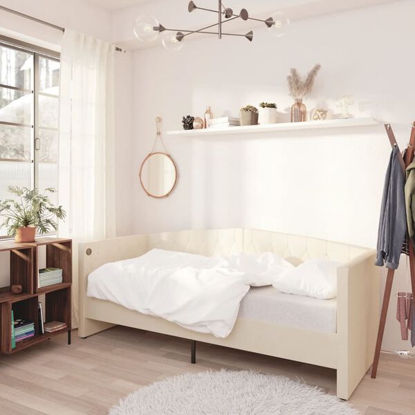 vidaXL Lova su čiužiniu ir USB i&scaron;vestimi, kreminė, 90x200cm, aksomas