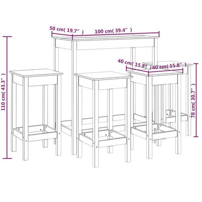 vidaXL Baro baldų komplektas, 5 dalių, pilkas, pušies medienos masyvas