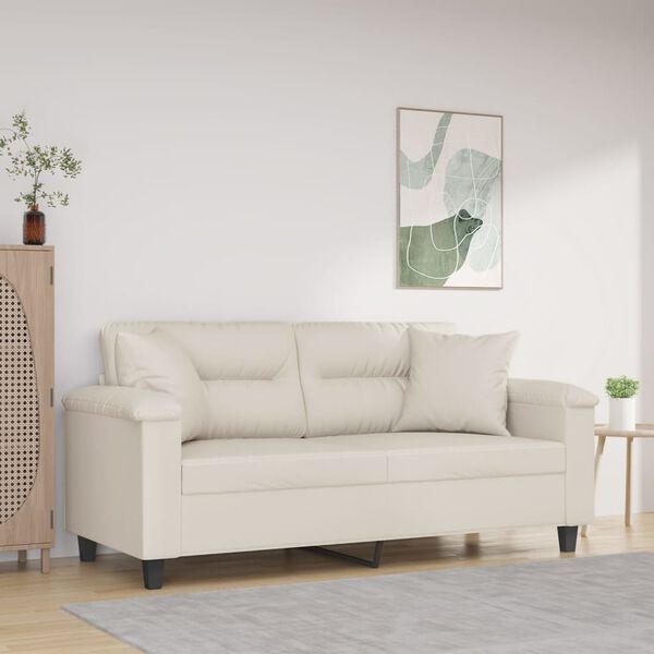 vidaXL Dvivietė sofa su pagalvėmis, kreminė, 140cm, dirbtinė oda