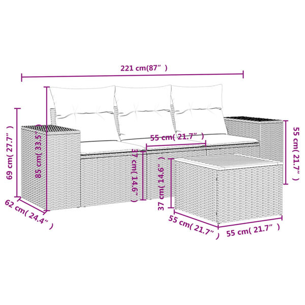 vidaXL Sofos komplektas su pagalvėlėmis, 4 dalių, smėlio, poliratanas