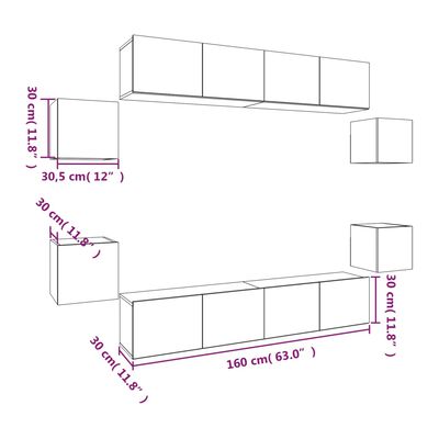 vidaXL Televizoriaus spintelių komplektas, 8 dalių, baltas, mediena
