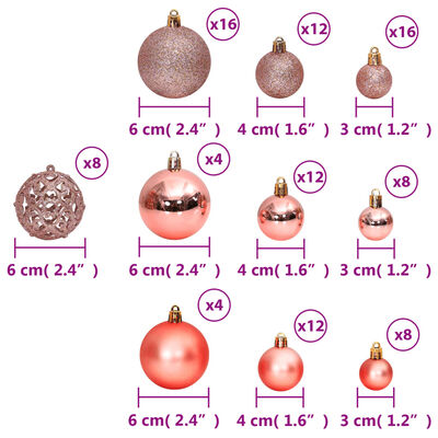 vidaXL Kalėdiniai žaisliukai, 100vnt., rožiniai ir rožių, 3/4/6cm