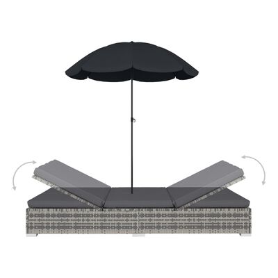 vidaXL Lauko poilsio gultas su skėčiu, pilkos spalvos, poliratanas