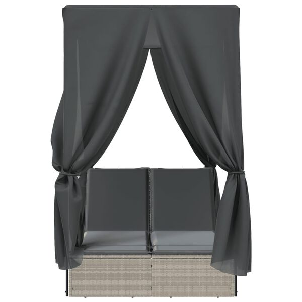 vidaXL Dvivietis saulės gultas su stogeliu ir užuolaidomis, pilkas