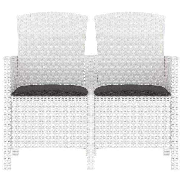 vidaXL Dvivietis sodo suoliukas su pagalvėlėmis, baltas, PP ratanas