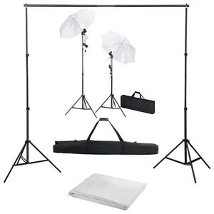 vidaXL Fotostudijos komplektas su fonu, &scaron;viestuvais ir skėčiais