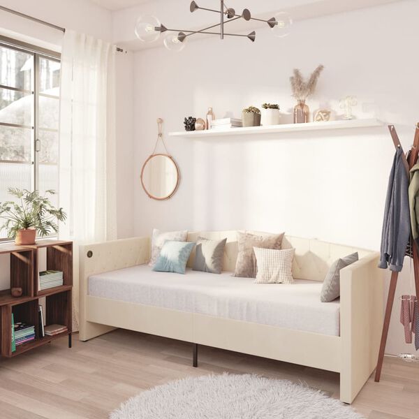 vidaXL Lova su čiužiniu ir USB i&scaron;vestimi, kreminė, 90x200cm, aksomas