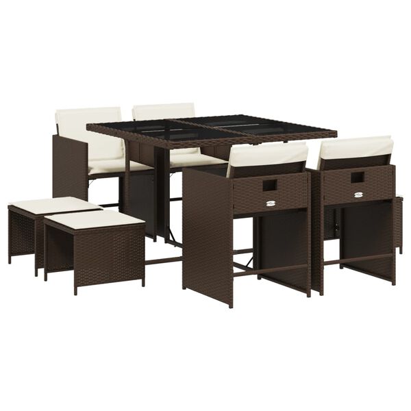 vidaXL Sodo komplektas su pagalvėlėmis, 9 dalių, rudas, poliratanas