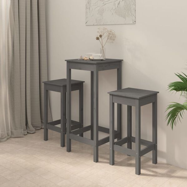 vidaXL Baro baldų komplektas, 3 dalių, pilkas, pu&scaron;ies medienos masyvas