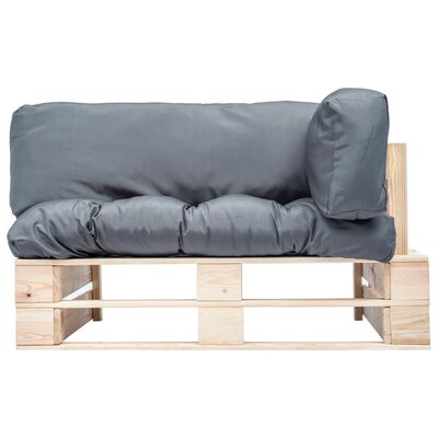 vidaXL Sodo sofa iš palečių su pilkomis pagalvėlėmis, pušies mediena