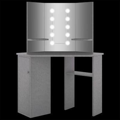 vidaXL Kampinis kosmetinis staliukas su LED, pilkas, 111x54x141,5cm