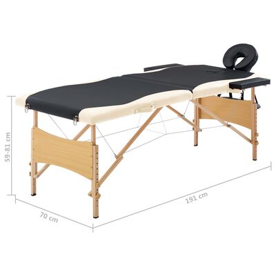 vidaXL Sulankstomas masažo stalas, juodas ir smėlio, mediena, 2 zonų