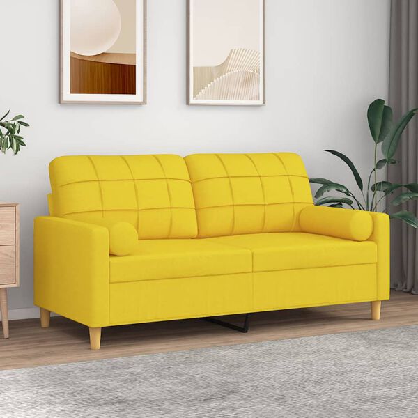 vidaXL Dvivietė sofa su pagalvėlėmis, &scaron;viesiai geltona, 140cm, audinys