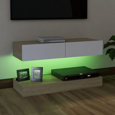 vidaXL TV spintelė su LED apšvietimu, balta ir sonoma ąžuolo, 90x35cm